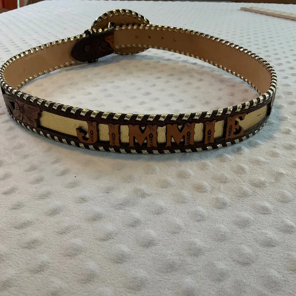 Hand Tooled Western Leather Belt Jimmie JU Brown‎ Gold Floral Cowboy Rodeo Men
